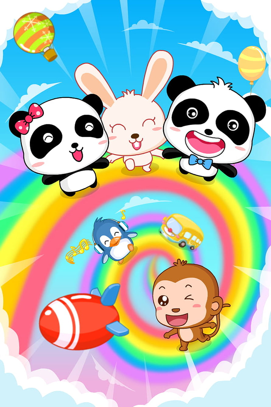 BabyBus Cartoon Animals Celebrating on a Rainbow Sky with Balloons and Toys HD phone wallpaper