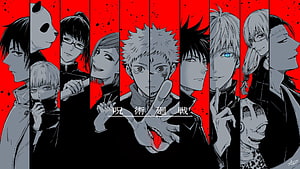 Jujutsu Kaisen Character Lineup with Red Background and Japanese Title Text HD wallpaper