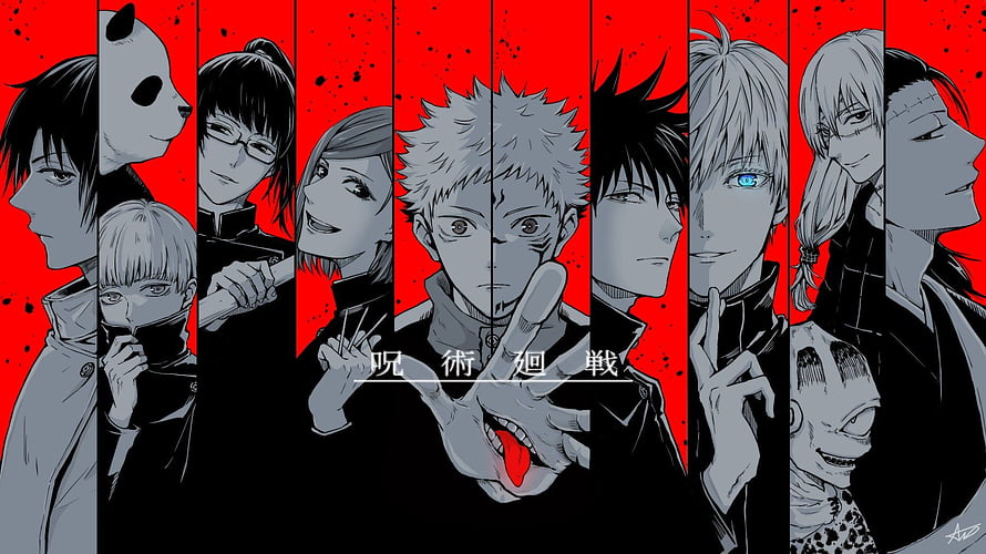 Jujutsu Kaisen Character Lineup with Red Background and Japanese Title Text HD wallpaper