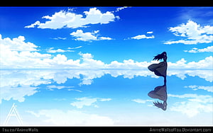 Rize from Tokyo Ghoul Standing on Reflective Water Under a Bright Blue Sky HD wallpaper