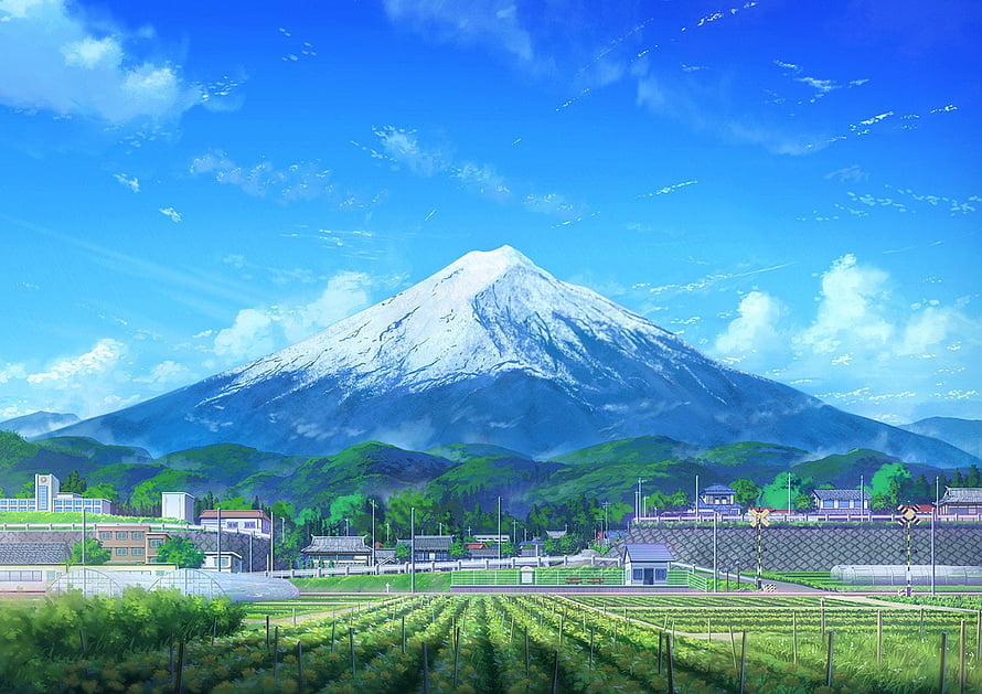 Mount Fuji Anime Scenery with Green Fields and Blue Sky HD wallpaper