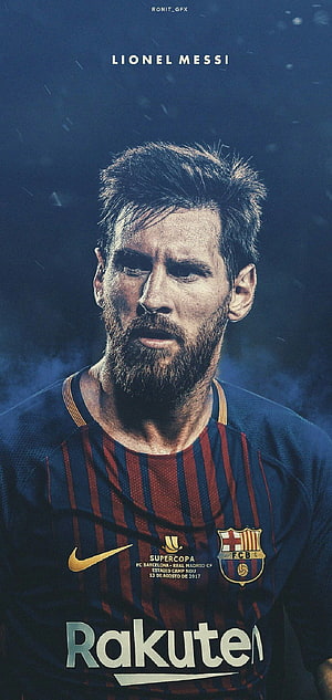 Lionel Messi FC Barcelona Supercopa Portrait in Striped Kit with Dramatic Blue Lighting HD phone wallpaper