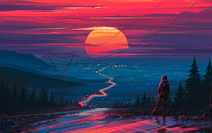Lone Traveler Watching a Winding Road Under a Giant Sunset Sun in a Neon Digital Landscape HD wallpaper