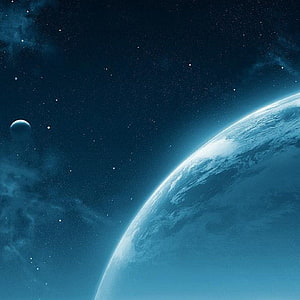 Blue Planet Horizon in Deep Space with Distant Moon and Starfield HD phone wallpaper