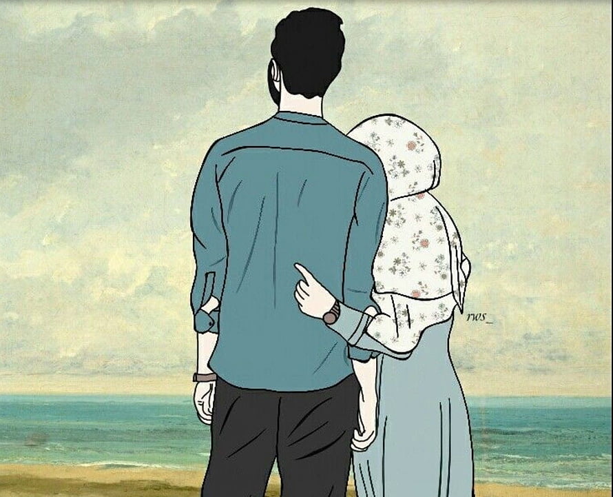 Muslim Couple Standing on Beach in Soft Watercolor Illustration HD wallpaper