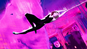 Spider-Gwen swinging through a vibrant purple cityscape in Spider-Man: Into the Spider-Verse HD wallpaper