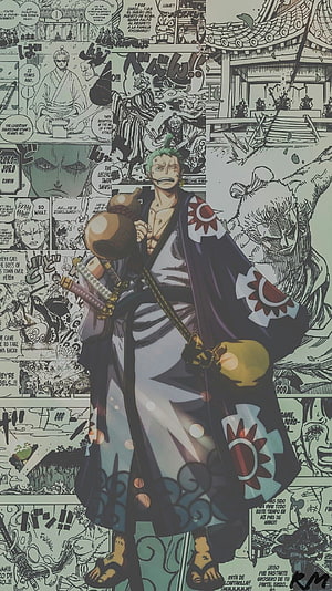Zorojuro from One Piece in traditional samurai attire with swords and sake bottle HD phone wallpaper