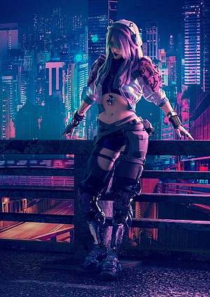 Cyberpunk Girl in Futuristic Streetwear Leaning on Railing Against Neon City Skyline HD phone wallpaper