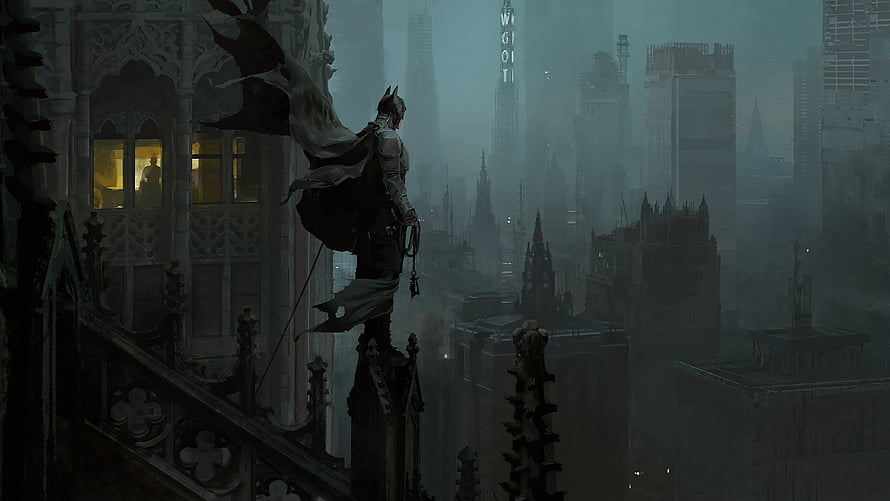 Batman perched on a gothic spire overlooking the foggy skyline of Gotham City, Batman, gotham city, comics, artwork, superhero, dc comics HD wallpaper