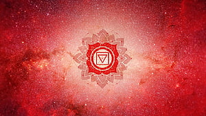 Muladhara Root Chakra Mandala Set Against a Vibrant Red Cosmic Nebula Background HD wallpaper