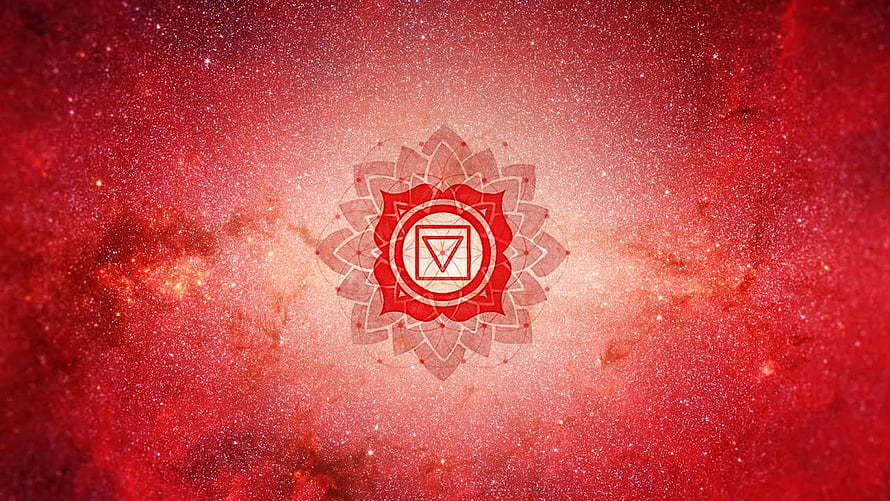 Muladhara Root Chakra Mandala Set Against a Vibrant Red Cosmic Nebula Background HD wallpaper