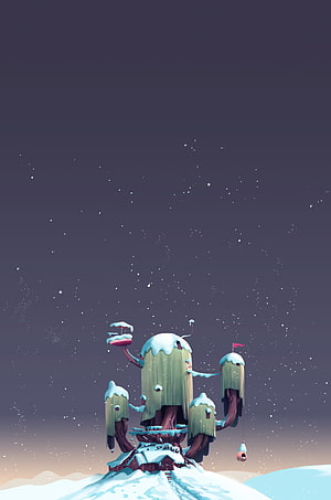 Adventure Time Treehouse on Snowy Hill Under Starry Night Sky HD phone wallpaper