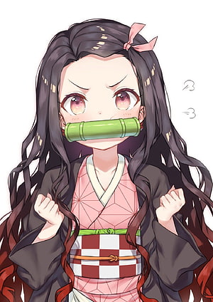 Nezuko Kamado from Demon Slayer in Chibi Style with Bamboo Cuff and Checkered Obi HD phone wallpaper