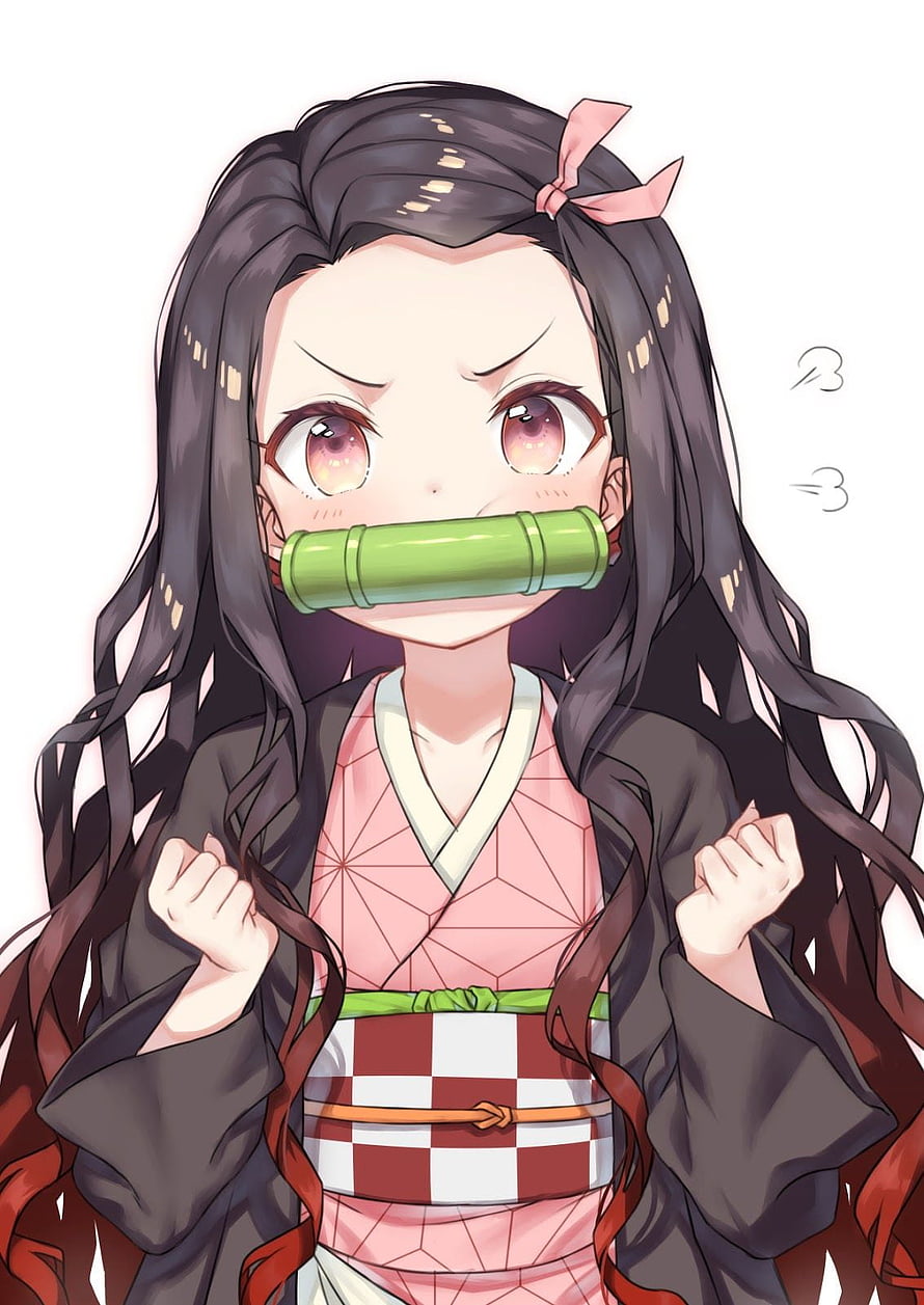 Nezuko Kamado from Demon Slayer in Chibi Style with Bamboo Cuff and Checkered Obi HD phone wallpaper