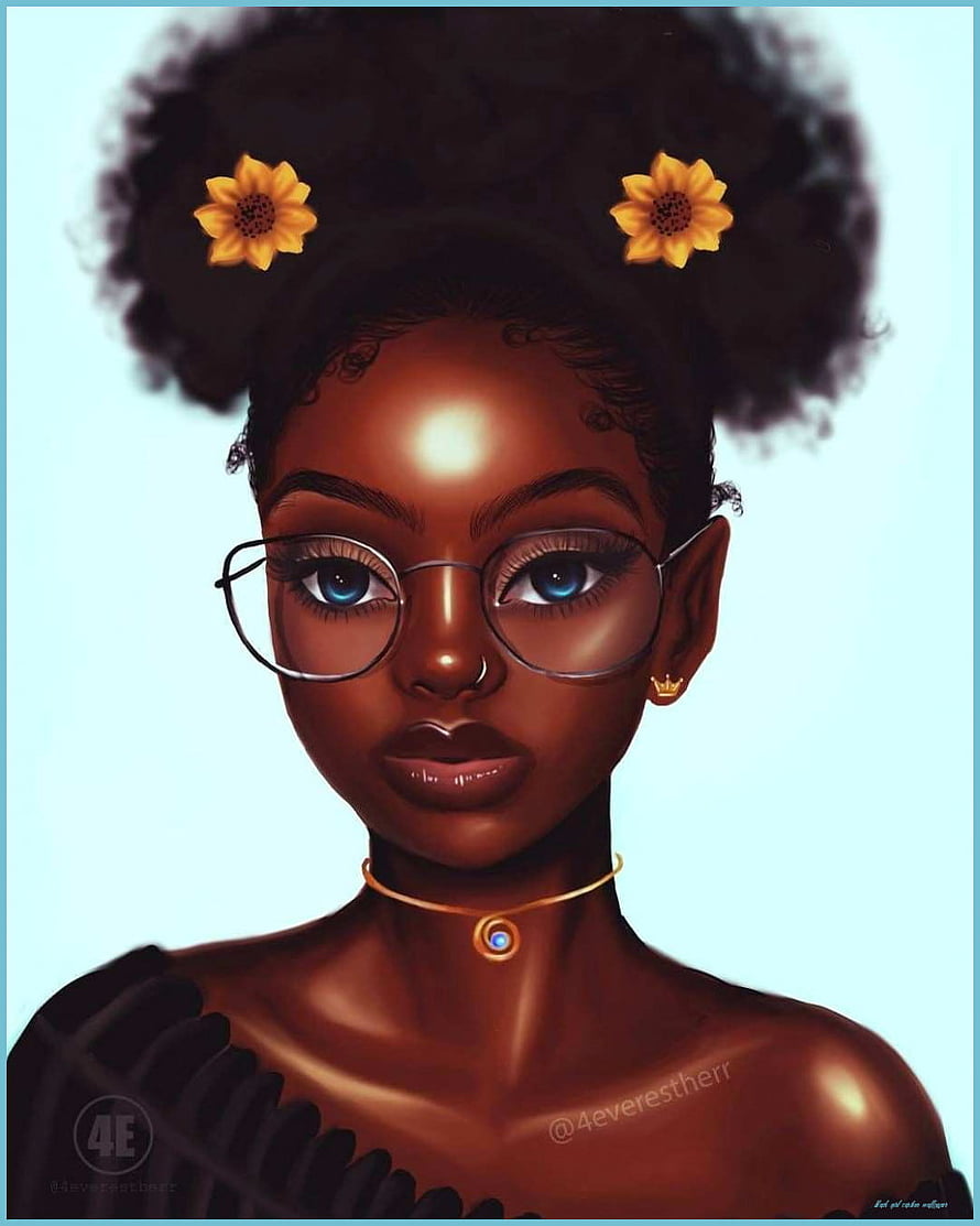 Digital Portrait of a Black Woman with Round Glasses and Sunflowers in Hair HD phone wallpaper