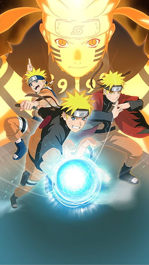 Naruto Uzumaki Shippuden Anime Artwork with Rasengan and Sage Mode Aura HD phone wallpaper