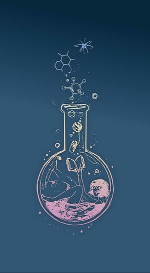 Pharmacy Concept Art: Student Reading Inside a Chemical Flask with Molecular Structures HD phone wallpaper
