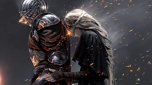Dark Souls 3 Knight and Priestess Embrace Amidst Falling Embers HD wallpaper