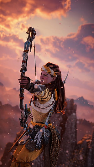 Aloy from Horizon Forbidden West drawing a bow at sunset on a rocky cliff HD phone wallpaper