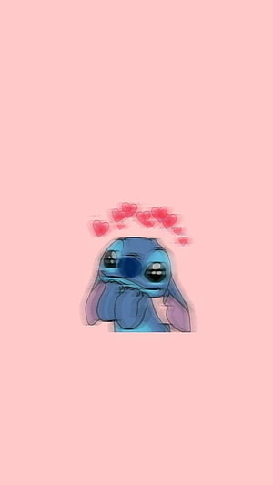 Cute Stitch from Lilo and Stitch with Floating Hearts on Soft Pink Background HD phone wallpaper