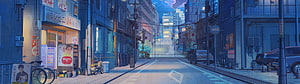 Anime Japanese City Street at Dusk with Convenience Store and Neon Signs HD wallpaper