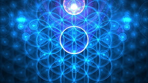 Luminous Sacred Geometry Pattern Featuring Flower of Life and Metatron's Cube in Blue Tones HD wallpaper