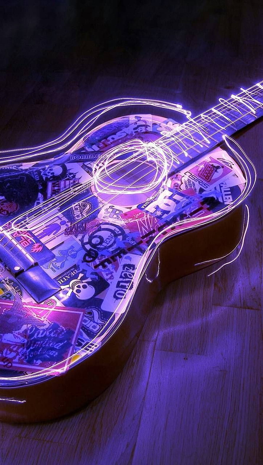 Neon Outlined Acoustic Guitar with Sticker Collage in Purple and Blue Lighting HD phone wallpaper