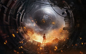 Lone astronaut standing in fiery ruins beneath a massive cracked planet in a dark sci-fi landscape HD wallpaper