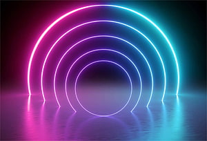 Retro Neon Arch Tunnel with Pink and Cyan Glow on Reflective Floor HD wallpaper