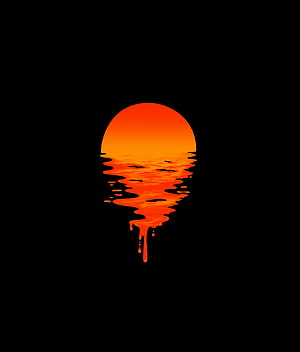 Minimalist Orange Sun Setting Over Dark Water with Dripping Liquid Effect HD phone wallpaper