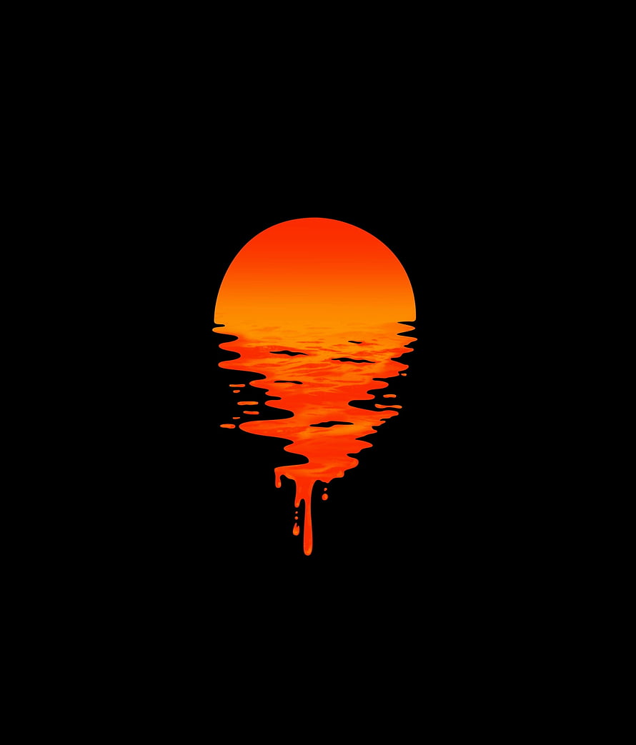 Minimalist Orange Sun Setting Over Dark Water with Dripping Liquid Effect HD phone wallpaper