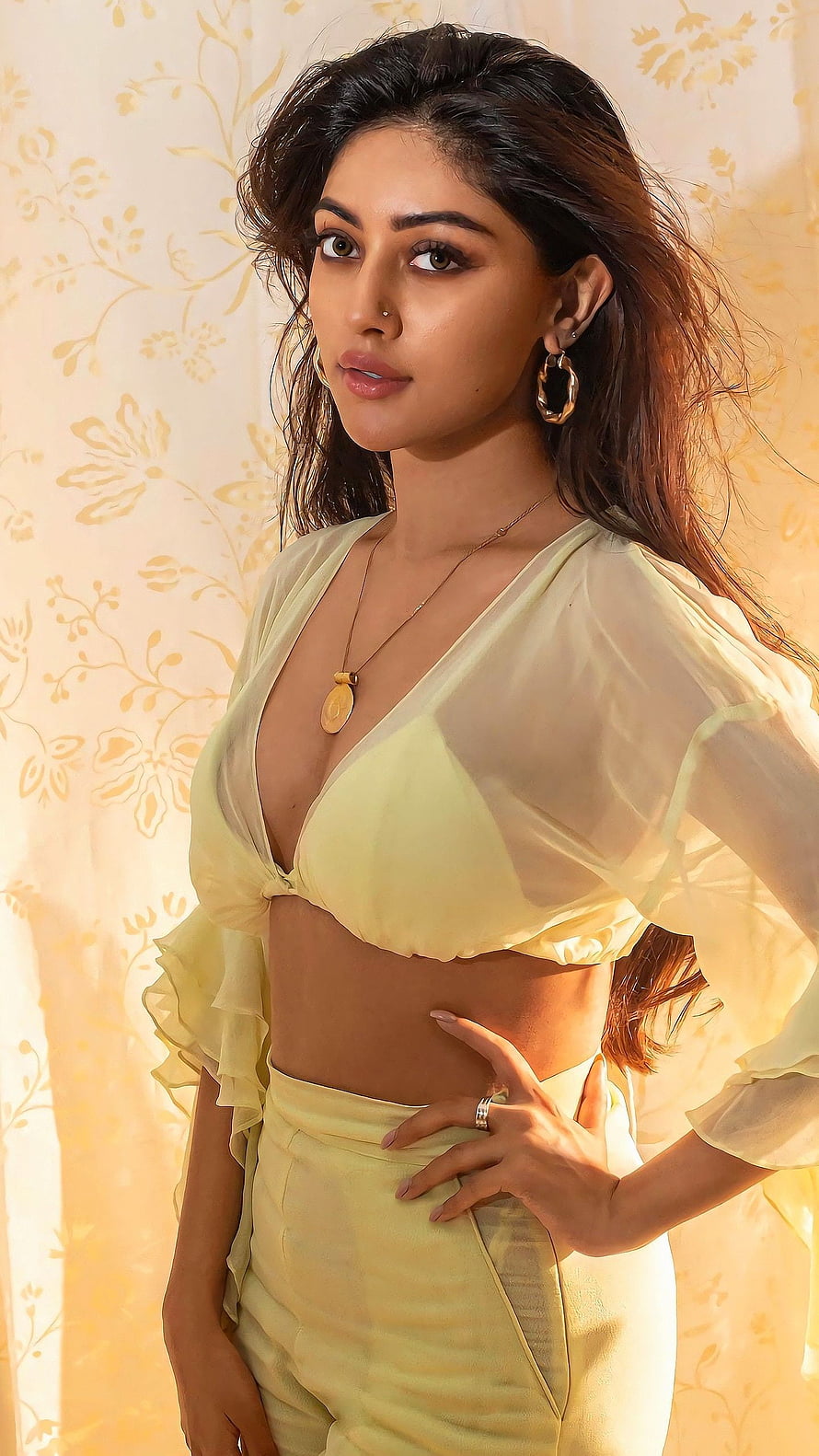 Anu Emmanuel in a Pale Yellow Sheer Blouse and High-Waisted Trousers HD phone wallpaper