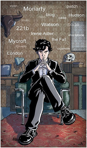 Sherlock Holmes Cartoon Illustration Seated in Victorian Study with Word Cloud HD phone wallpaper