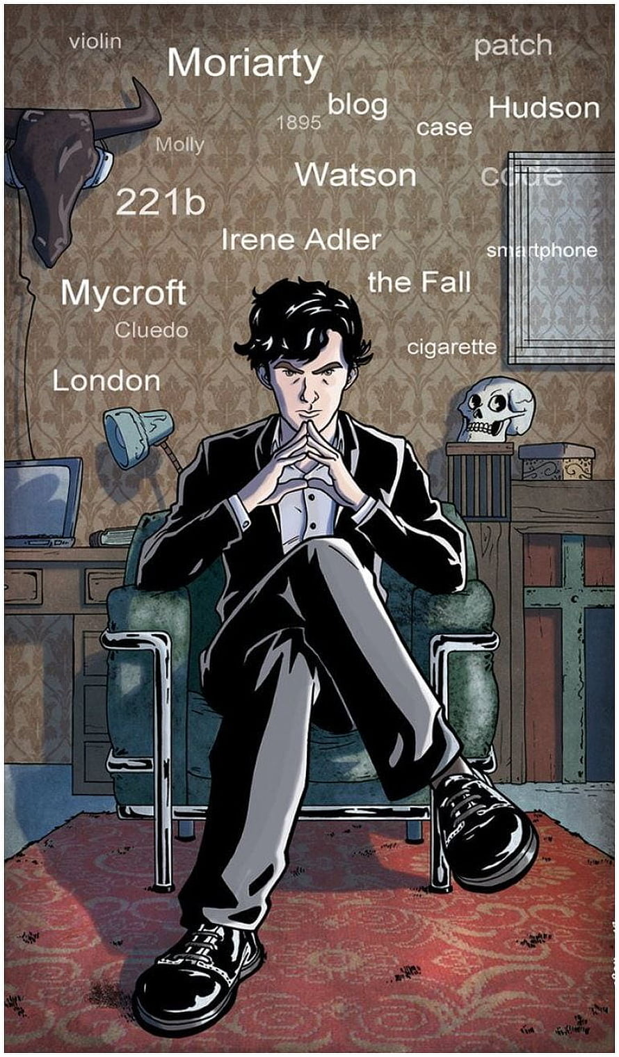 Sherlock Holmes Cartoon Illustration Seated in Victorian Study with Word Cloud HD phone wallpaper