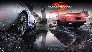 World of Speed Racing Game Artwork Featuring Sports Cars on Wet London Streets HD wallpaper
