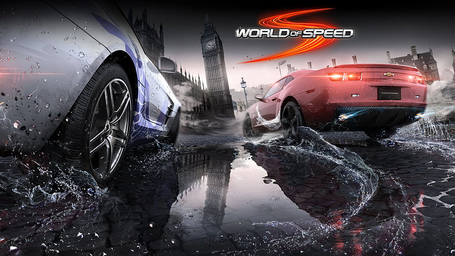 World of Speed Racing Game Artwork Featuring Sports Cars on Wet London Streets HD wallpaper