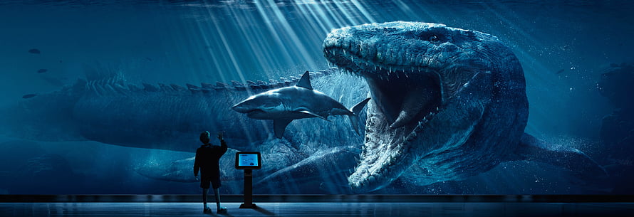 Jurassic World Mosasaurus and Shark in Deep Blue Ocean Water HD wallpaper