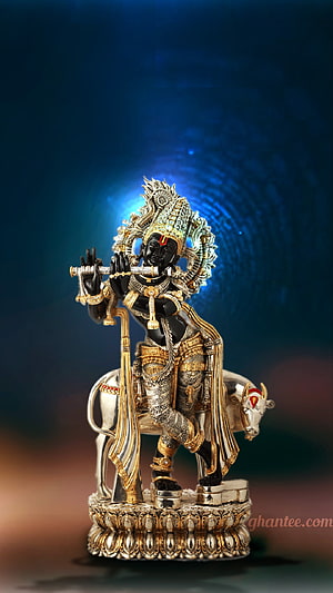 Black Lord Krishna Statue Playing Flute on Nandi Bull with Ornate Gold Jewelry HD phone wallpaper