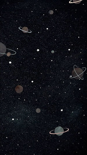 Minimalist Dark Space Illustration Featuring Ringed Planets and Scattered Stars HD phone wallpaper