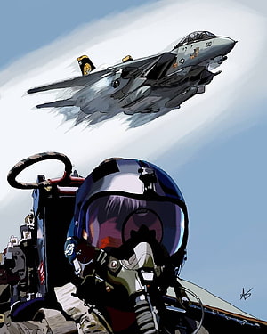 F-14 Tomcat Fighter Jet and Pilot in Cockpit Digital Illustration HD phone wallpaper
