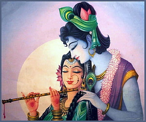 Radha Krishna Playing Flute in Romantic Indian Mythological Art HD wallpaper