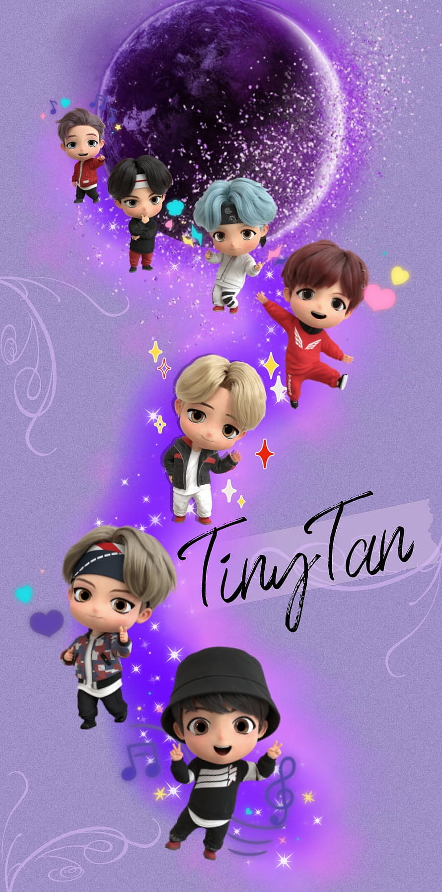 BTS TinyTan Chibi Characters Dancing Under a Purple Moon HD phone wallpaper