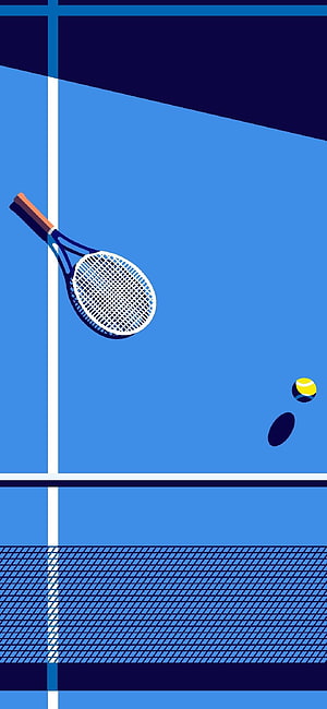 Minimalist Tennis Court Illustration with Racket and Ball on Blue Surface HD phone wallpaper