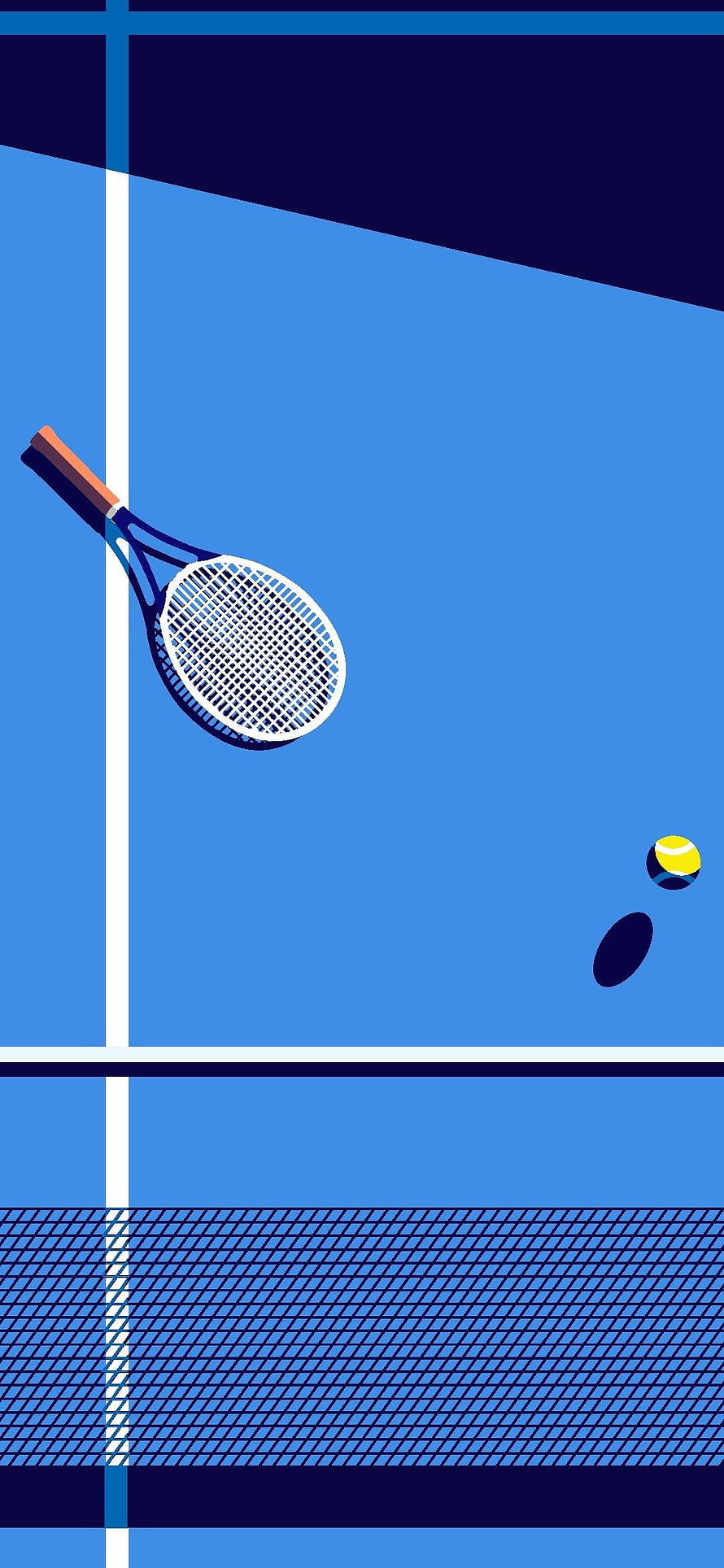Minimalist Tennis Court Illustration with Racket and Ball on Blue Surface HD phone wallpaper