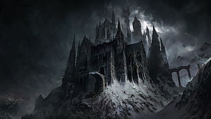 Dark Gothic Castle Perched on Snowy Mountain Peak Under Stormy Night Sky HD wallpaper