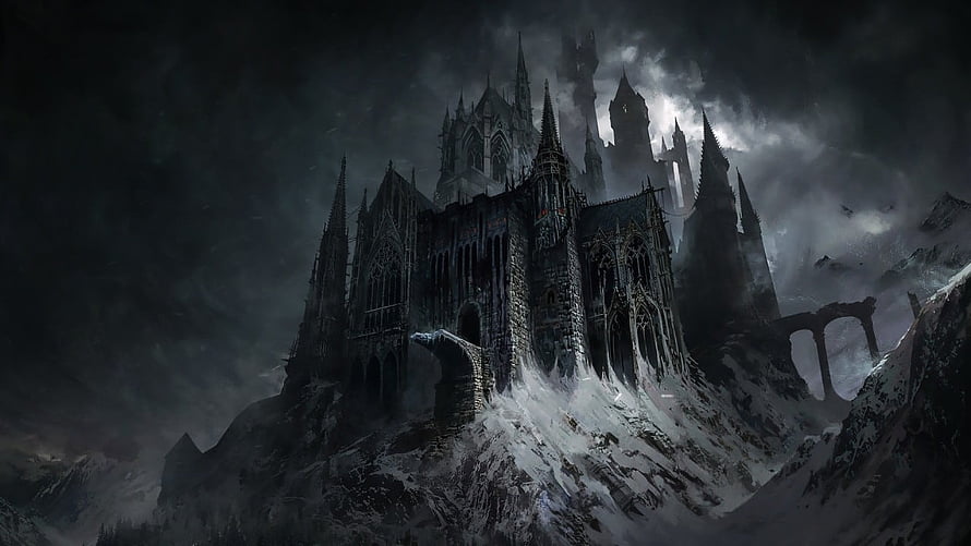 Dark Gothic Castle Perched on Snowy Mountain Peak Under Stormy Night Sky HD wallpaper