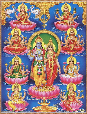 Ashta Lakshmi: Eight Forms of Goddess Lakshmi with Lord Vishnu on Lotus HD phone wallpaper