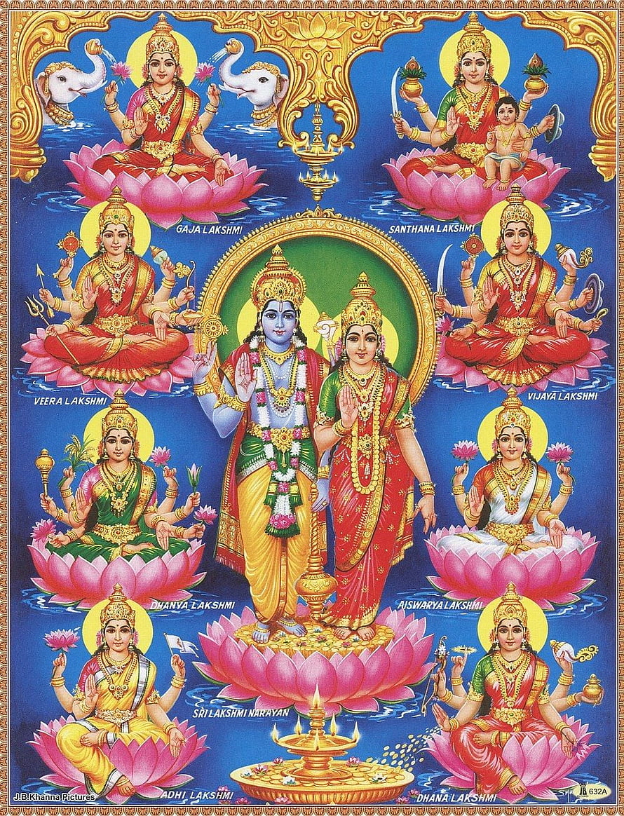 Ashta Lakshmi: Eight Forms of Goddess Lakshmi with Lord Vishnu on Lotus HD phone wallpaper
