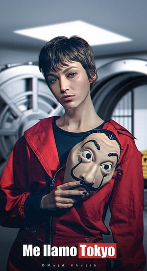 Tokyo from Money Heist holding a Dalí mask in a red jacket HD phone wallpaper