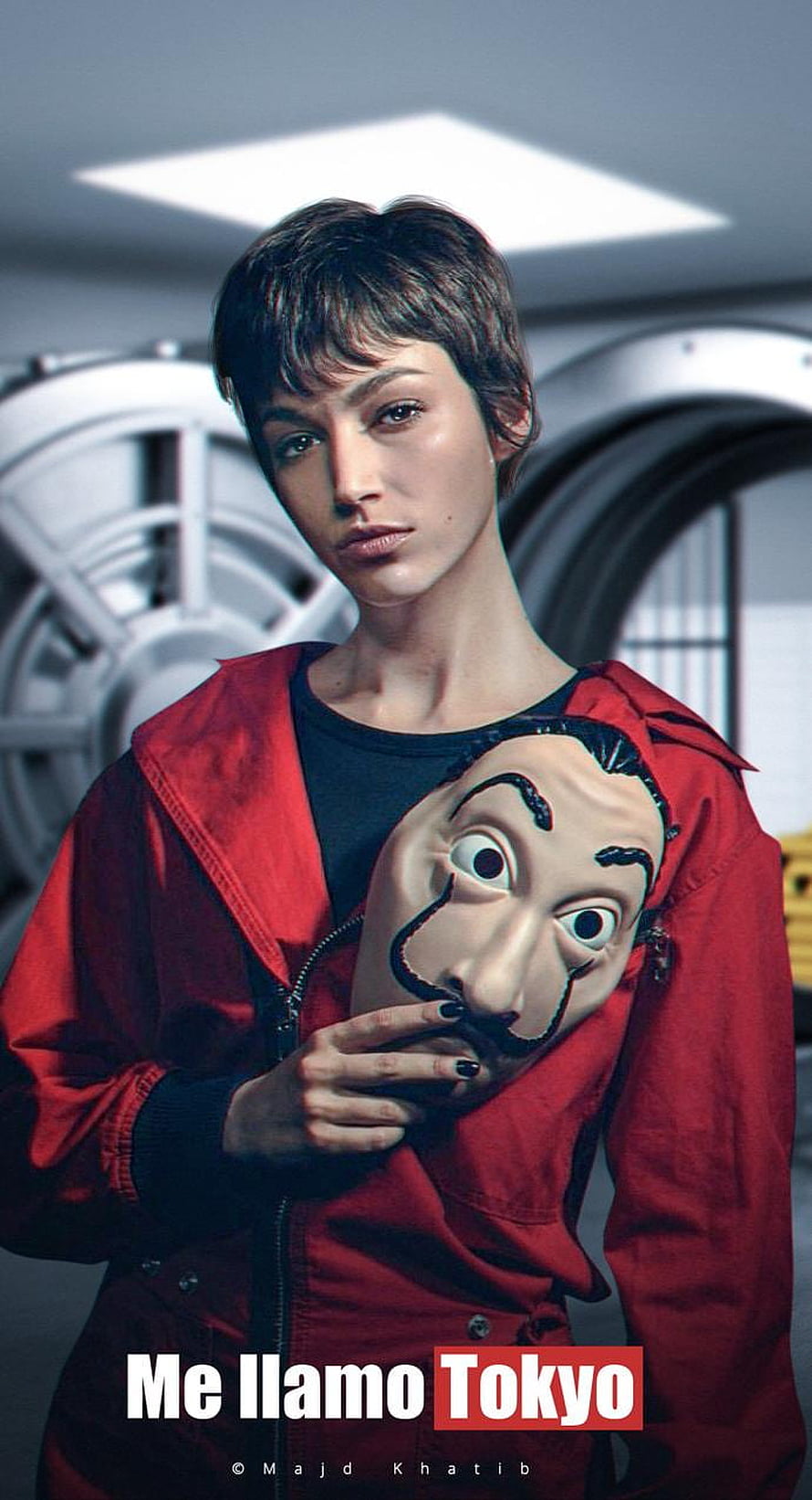 Tokyo from Money Heist holding a Dalí mask in a red jacket HD phone wallpaper